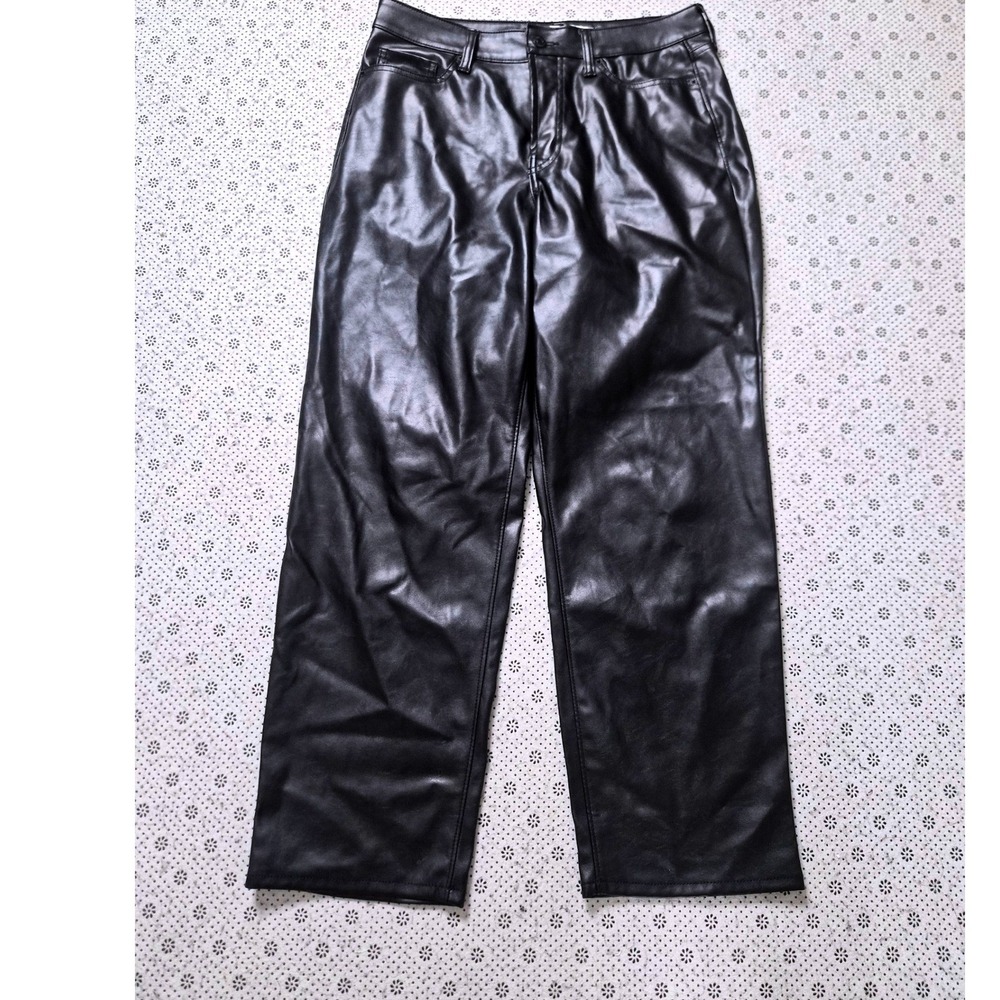 Old Navy OG Loose Faux Leather Pants Black High Rise Petite 10 Wide Leg Trousers